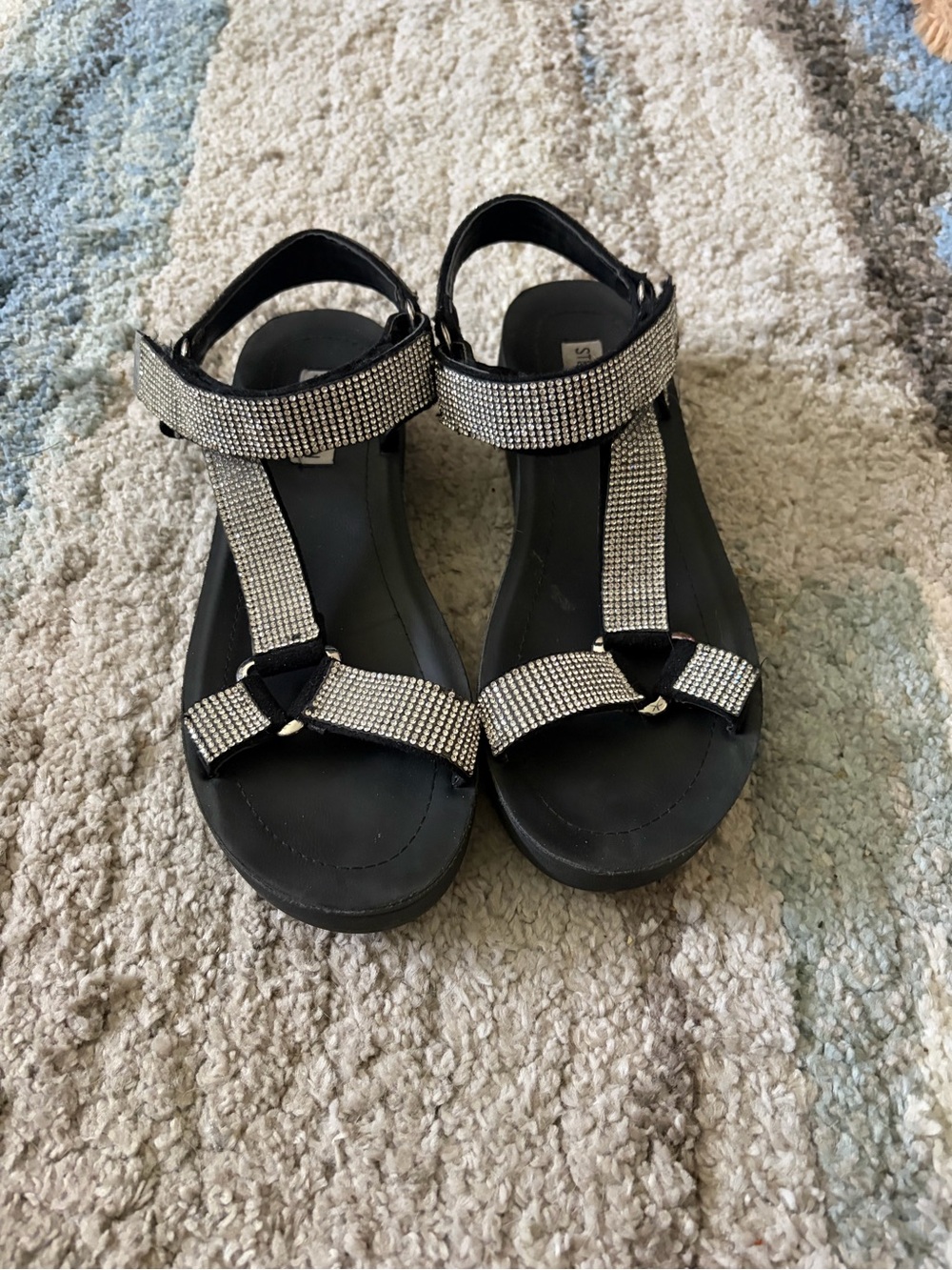 Steve Madden Black Crystal Strap T-Strap Sandals